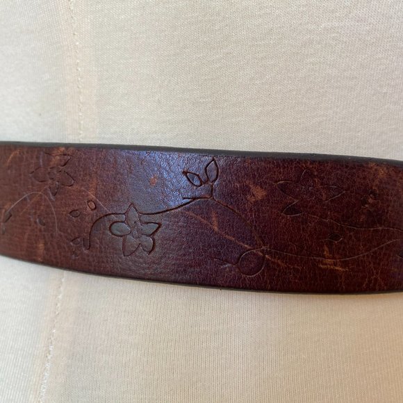 Floral Embossed Leather Belt with Solid Brass Buckle Vintage Brown Leather Belt - Picture 6 of 8